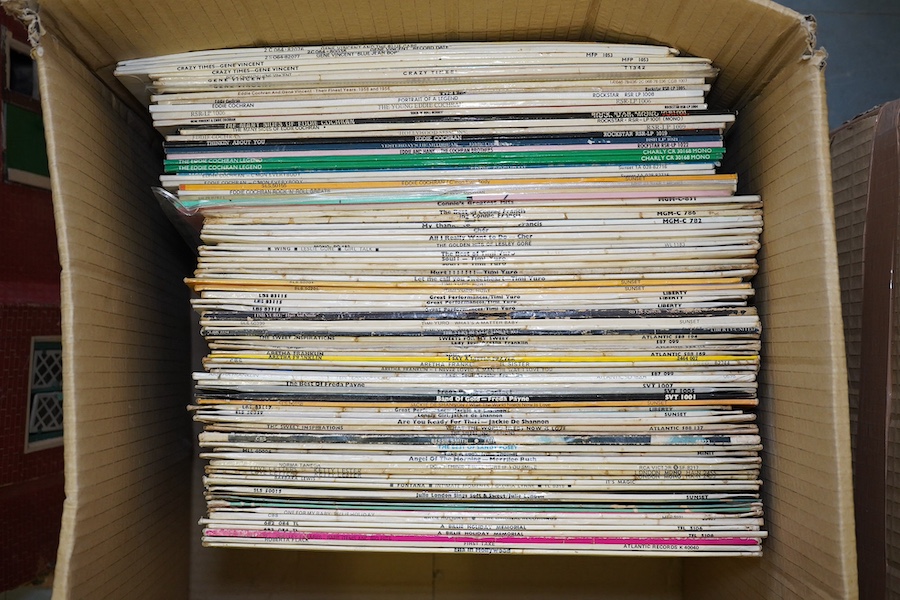 Two boxes of LP record albums, artists include; Billie Holiday, Jackie DeShannon, Timi Yuro, Connie Francis, Eddie Cochran, Gene Vincent, Hank Williams, Pete Seger, Donovan, Lindisfarne, etc. Condition - fair to good.